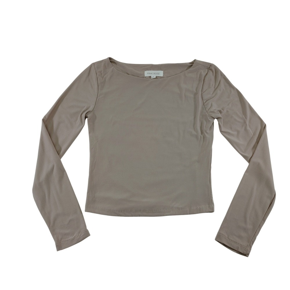 Pink Rose Long Sleeve Boat Neck Cropped Top Beige Size M NWOT